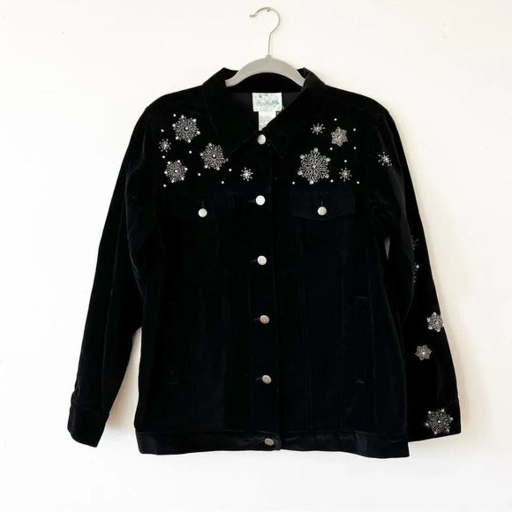 Quaker Factory Black Velvet Jean Jacket Women's Size Small Snowman Sequins New - Picture 2 of 9